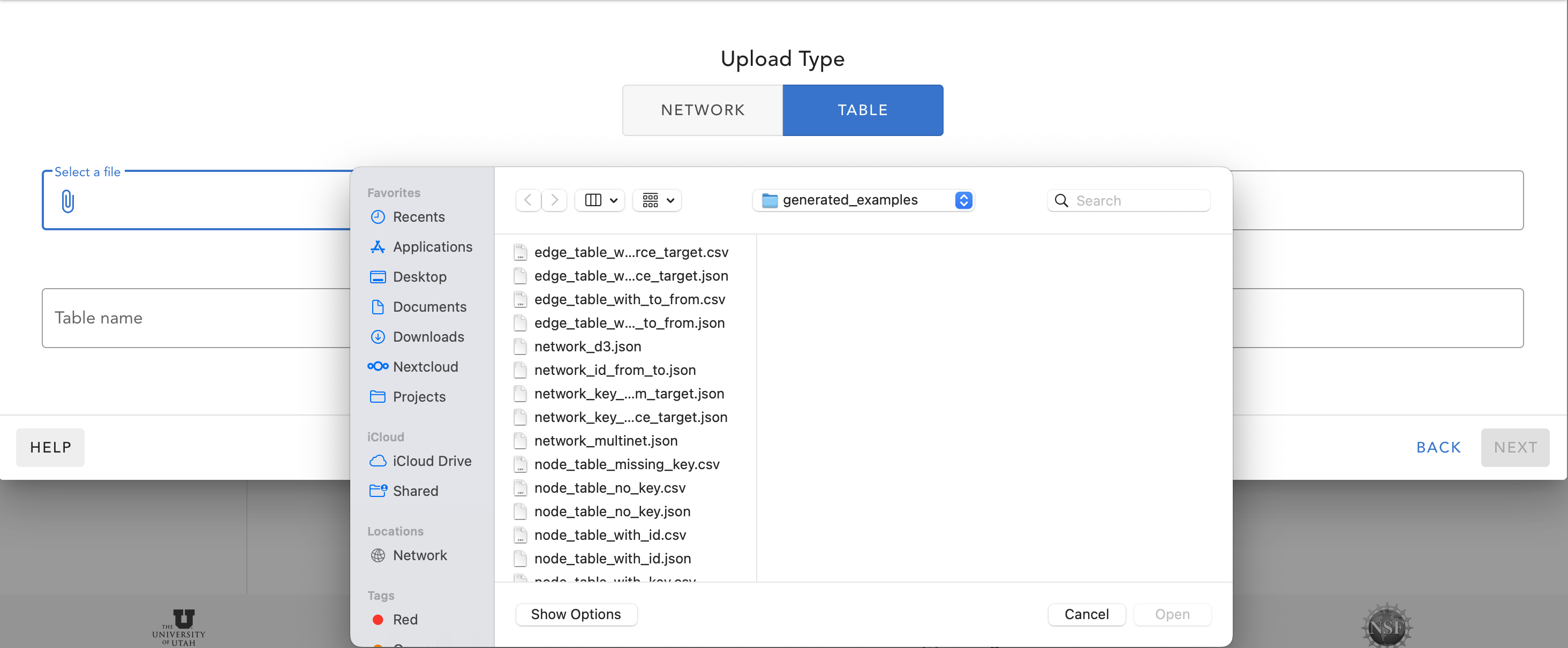 Upload table dialog